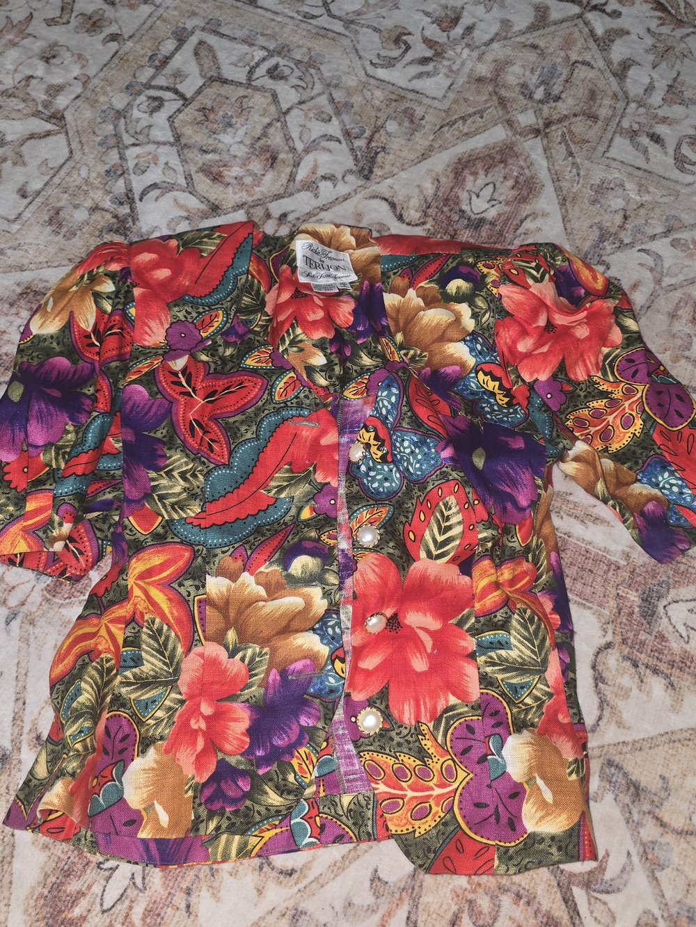80s Floral Button-Up Linen Blouse